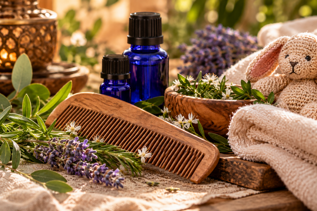 Cuidado herbal con flores y conejito